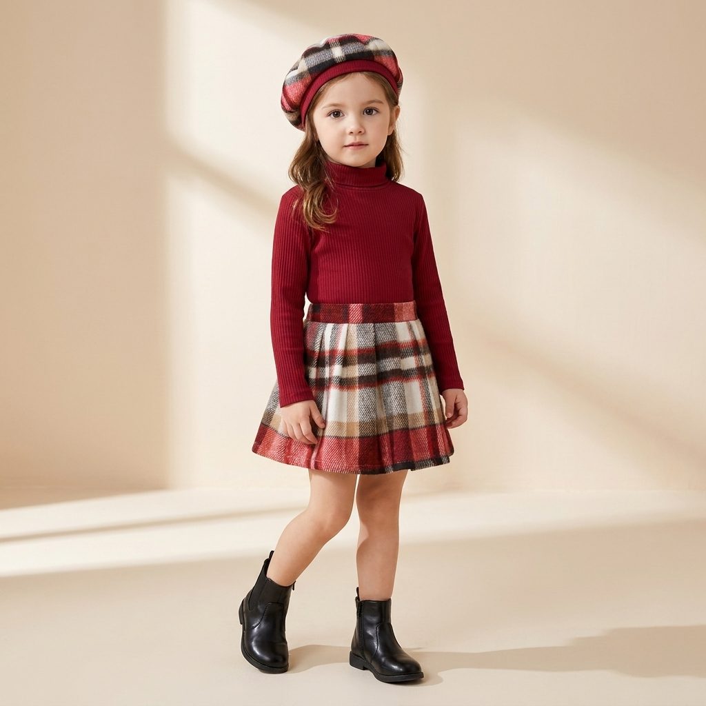 Girls Plaid Winter Dress with High Neck Top