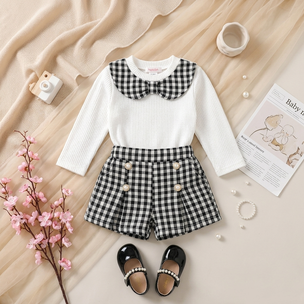 Girls Gingham Collar Top & Shorts 2 Piece Set