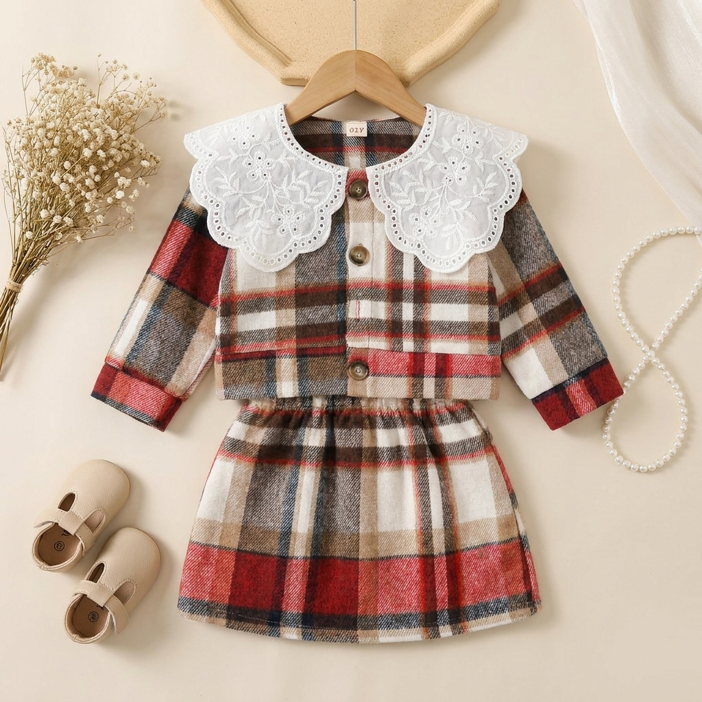 Girls Plaid Lace Collar 2 Piece Skirt Set