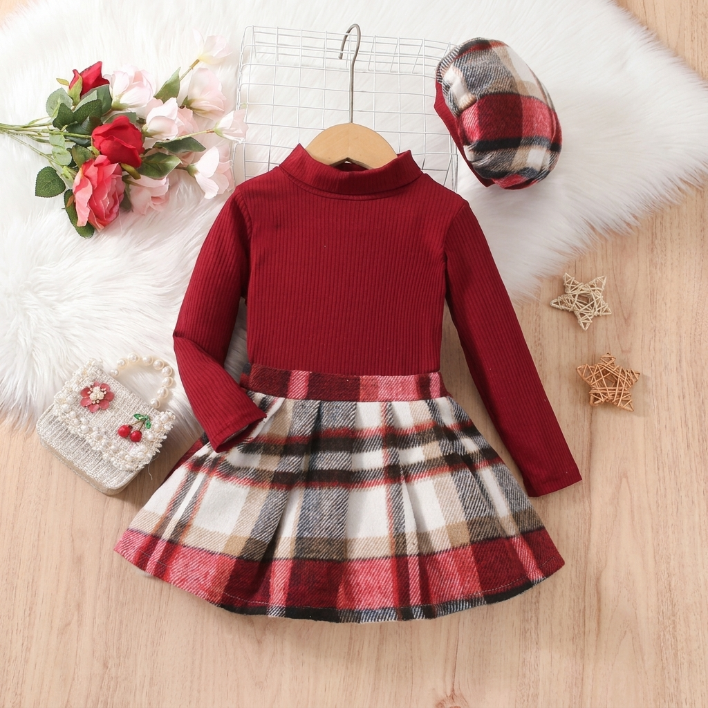 Girls Plaid Winter Dress with High Neck Top