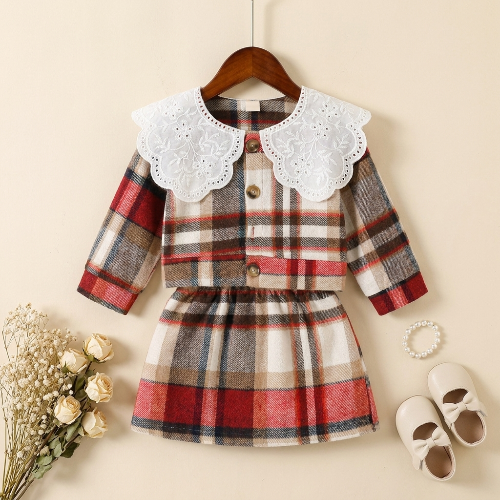 Girls Plaid Lace Collar 2 Piece Skirt Set