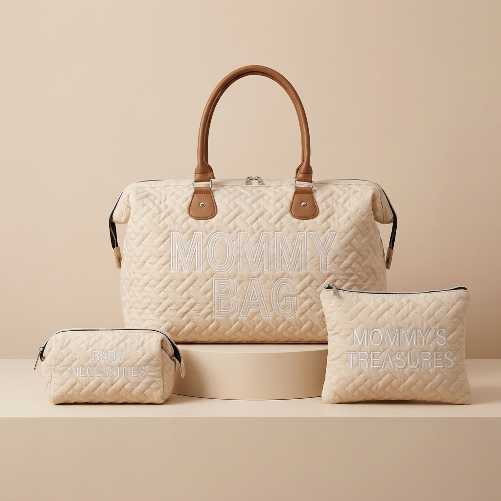 Premium Quilted 3-Piece Mommy Travel Bag Set – Ivory