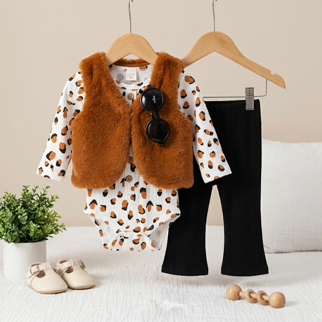 3-Piece Baby Faux Fur Vest Outfit Set