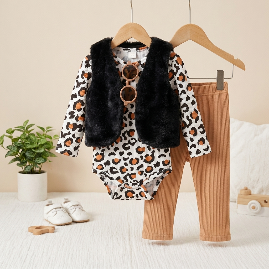 3-Piece Baby Faux Fur Vest Outfit Set