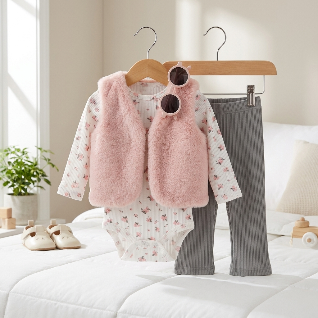 3-Piece Baby Faux Fur Vest Outfit Set