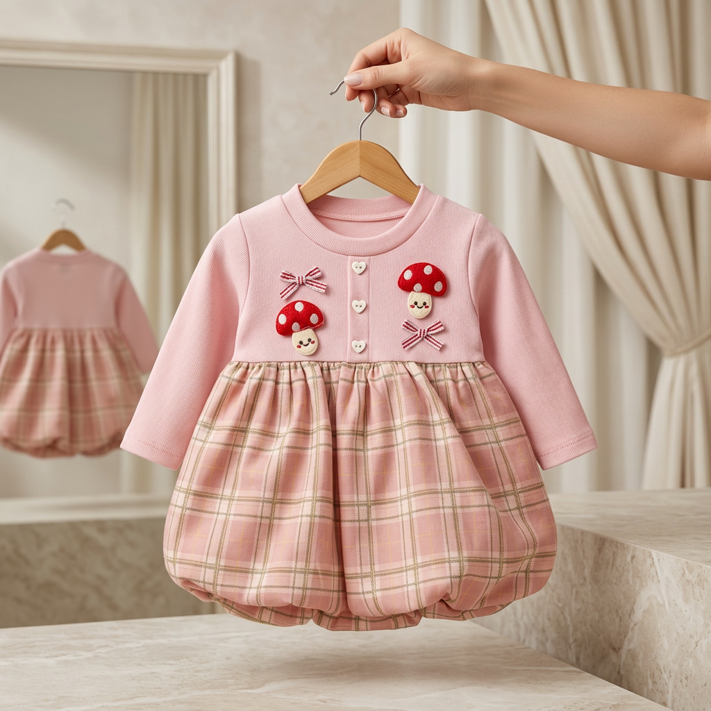 Sweet Mushroom Plaid Baby Girl Dress