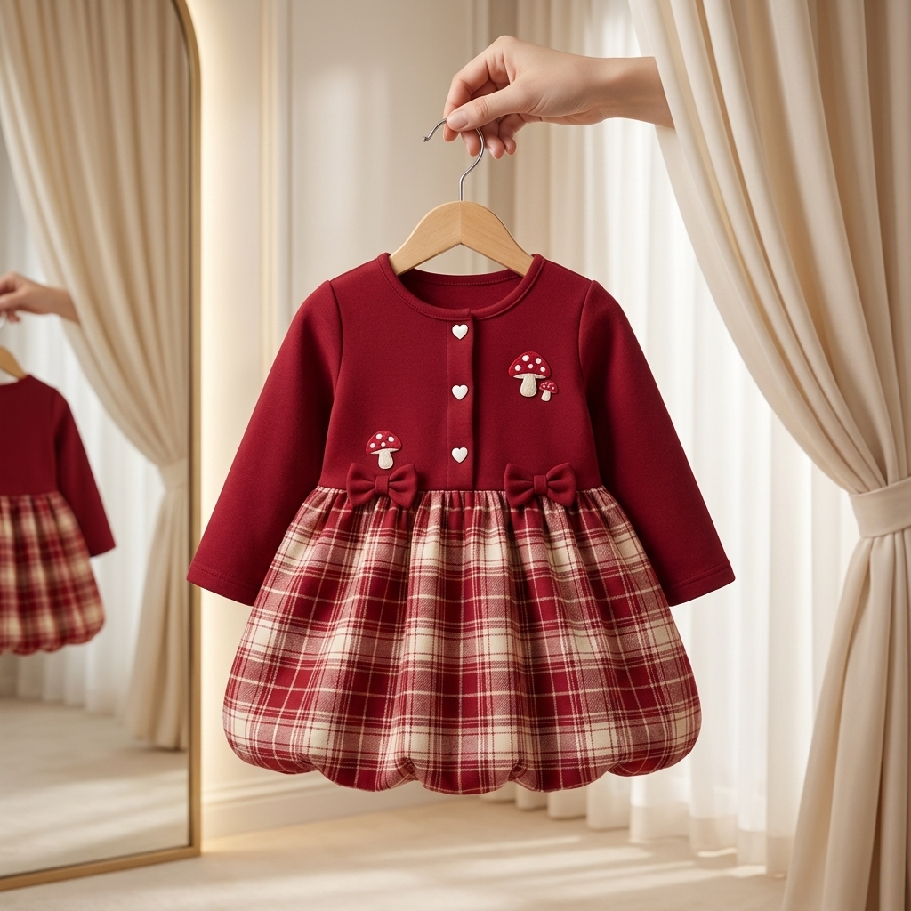 Sweet Mushroom Plaid Baby Girl Dress