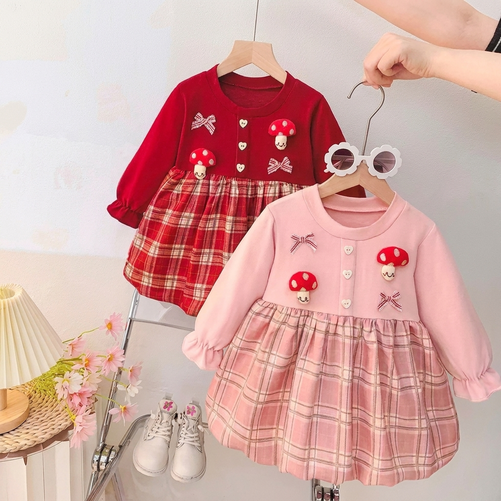 Sweet Mushroom Plaid Baby Girl Dress