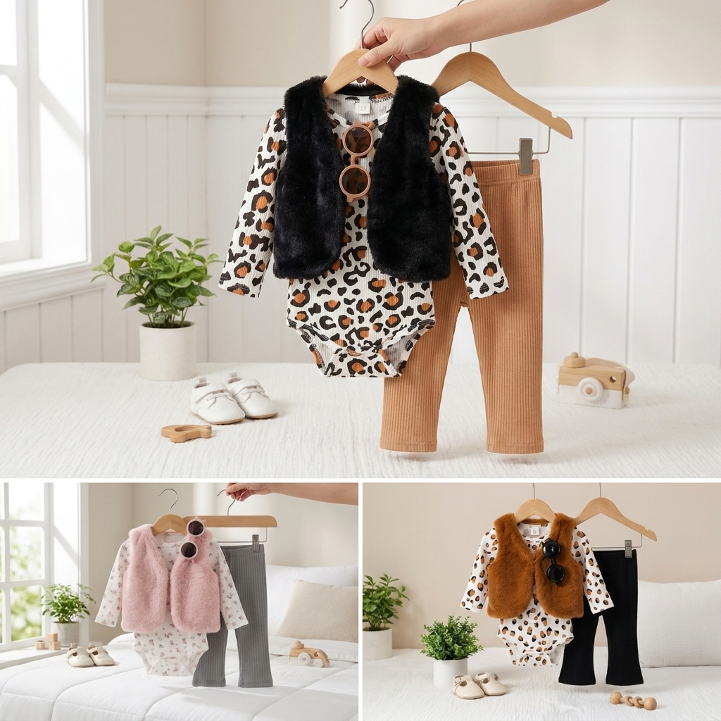 3-Piece Baby Faux Fur Vest Outfit Set