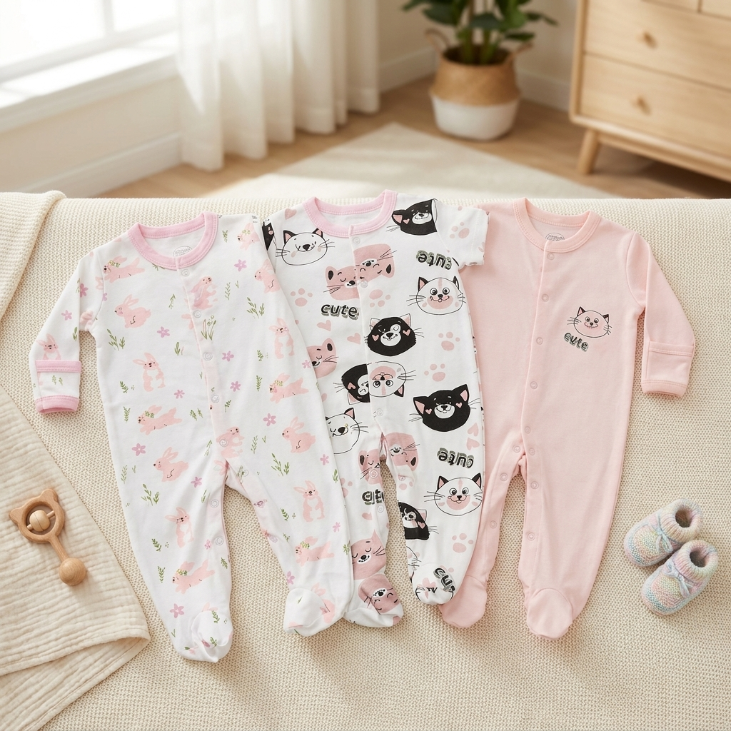 3-Piece Cute Kitty & Bunny Cotton Sleepsuit Set