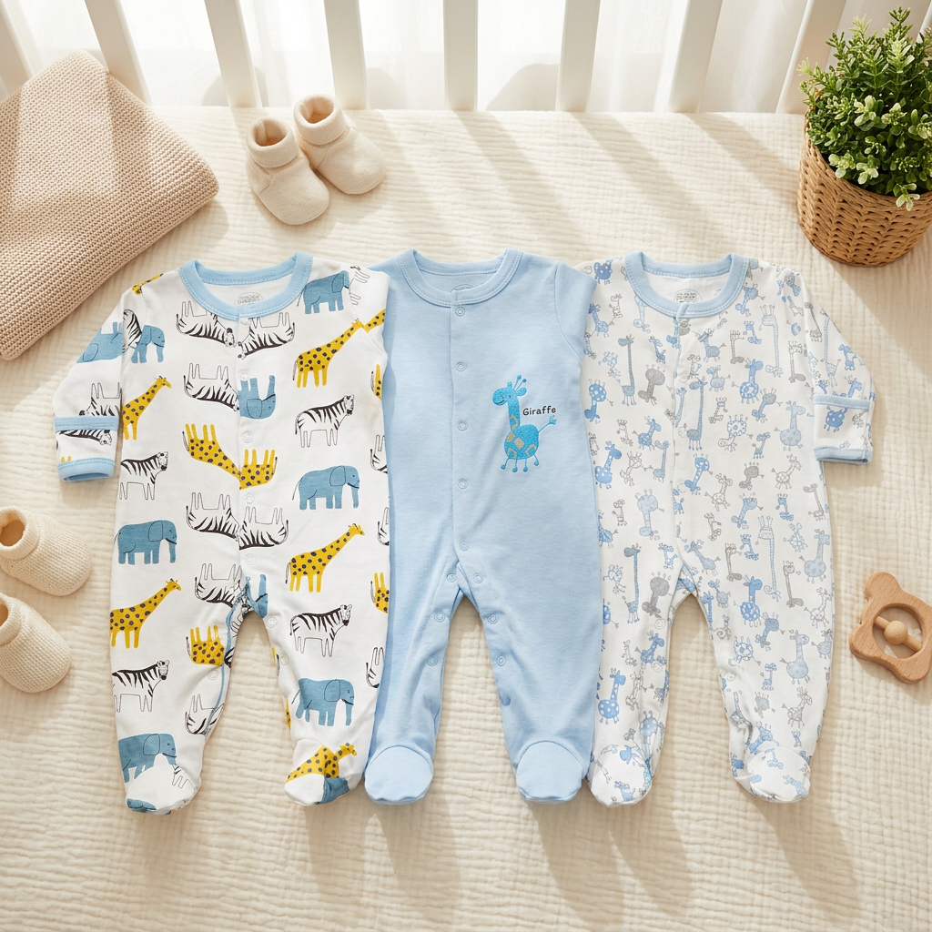 3-Piece Safari Friends Cotton Sleepsuit Set