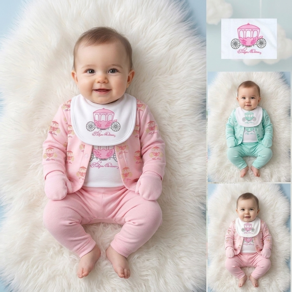 3 Piece Baby Gift Set with Bib – Carriage Print Cotton Newborn Outfit
