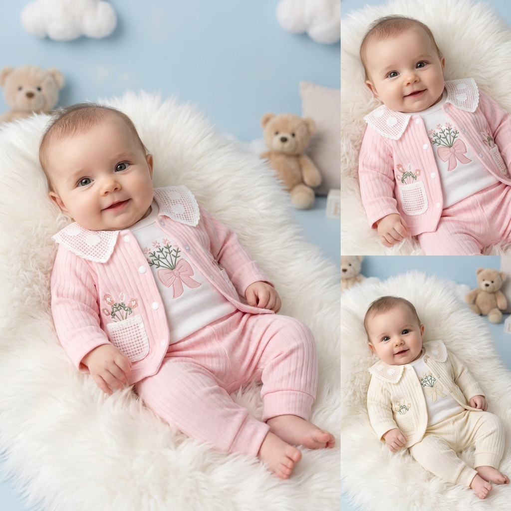 3 Piece Baby Girl Floral Embroidered Cotton Outfit Set