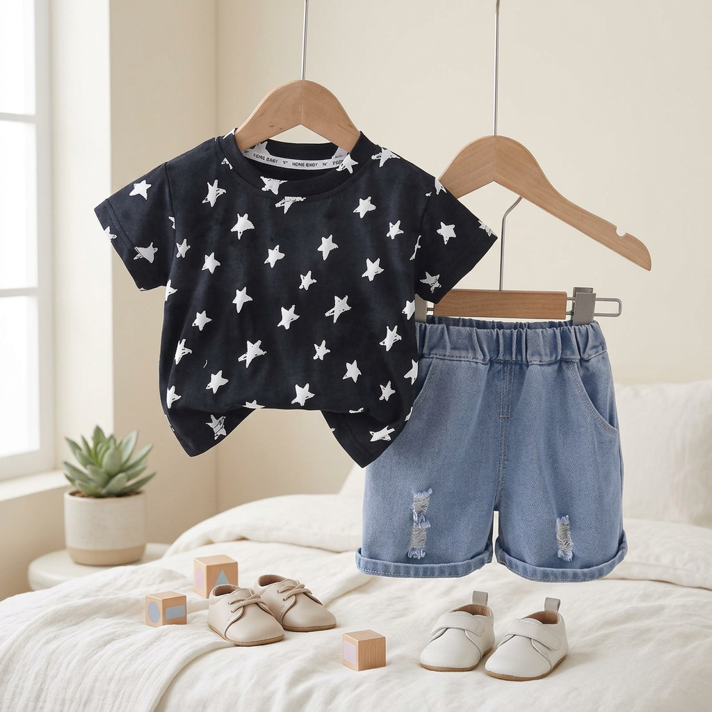 Kids Star Print T-Shirt & Denim Shorts Set – 2 Piece Outfit