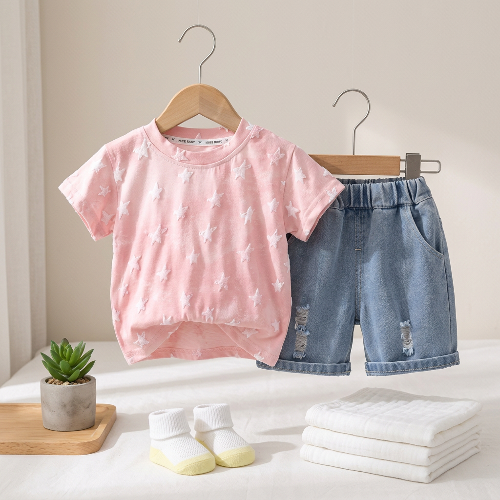Kids Star Print T-Shirt & Denim Shorts Set – 2 Piece Outfit