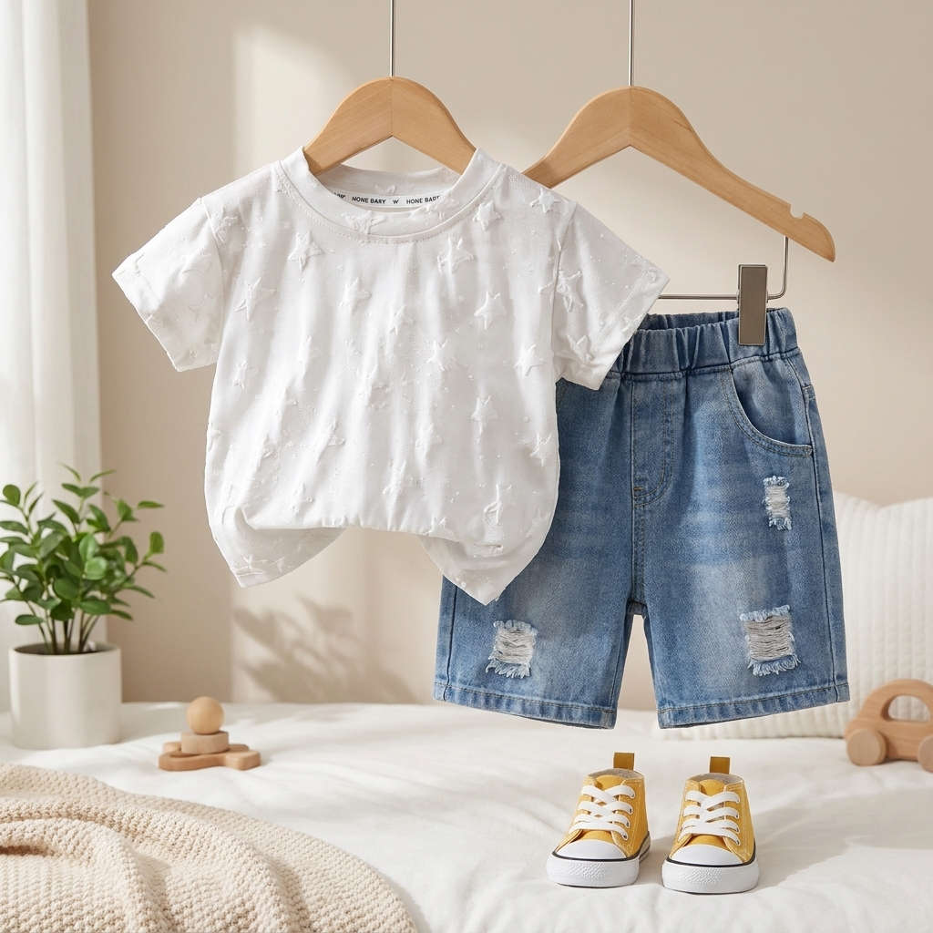 Kids Star Print T-Shirt & Denim Shorts Set – 2 Piece Outfit