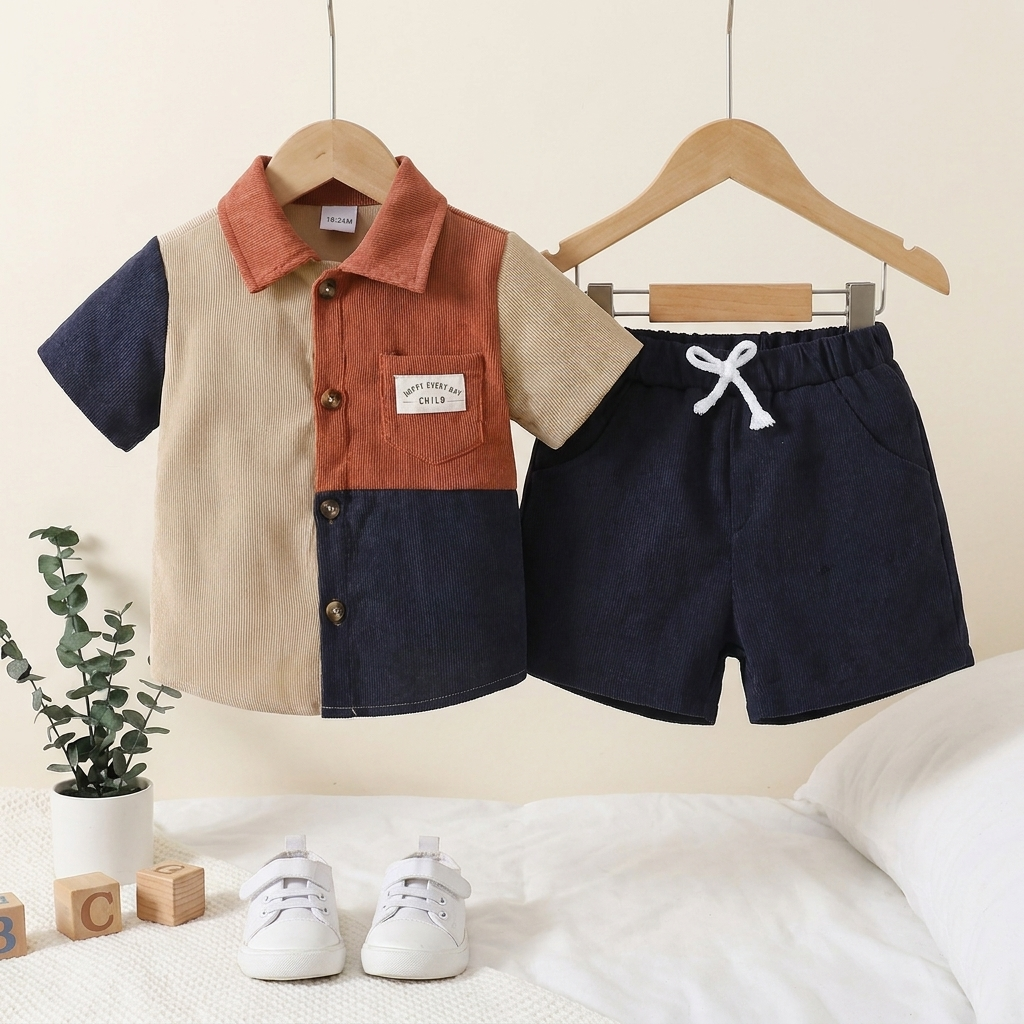Boys Color Block Shirt & Shorts Set – 2 Piece Smart Casual Outfit