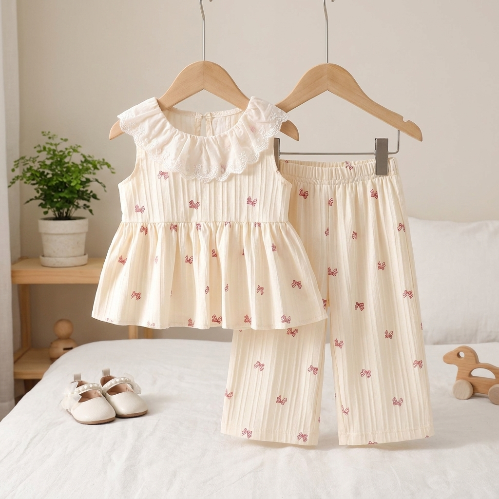 Girls Embroidered Bow Top & Pants Set