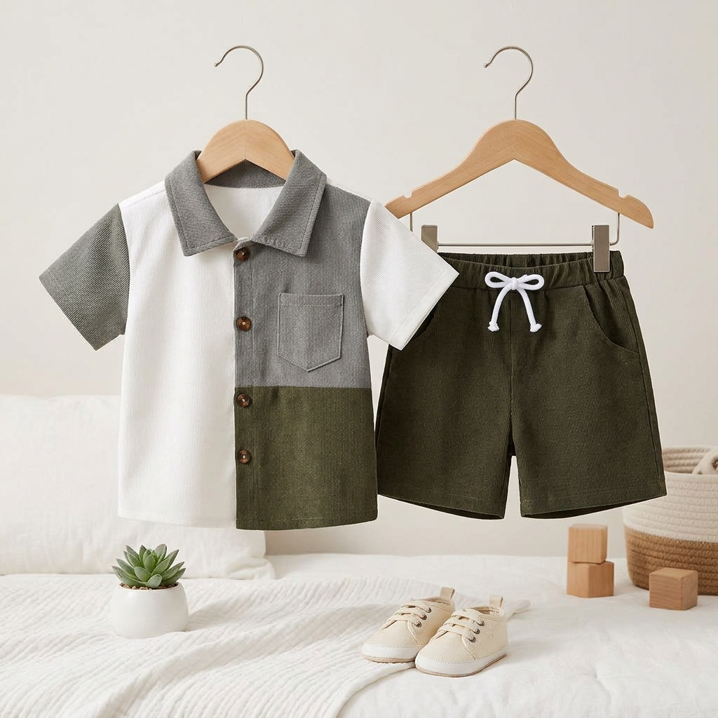 Boys Color Block Shirt & Shorts Set – 2 Piece Smart Casual Outfit