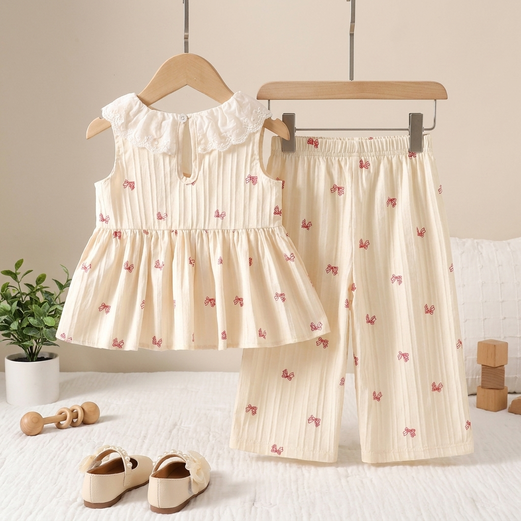 Girls Embroidered Bow Top & Pants Set