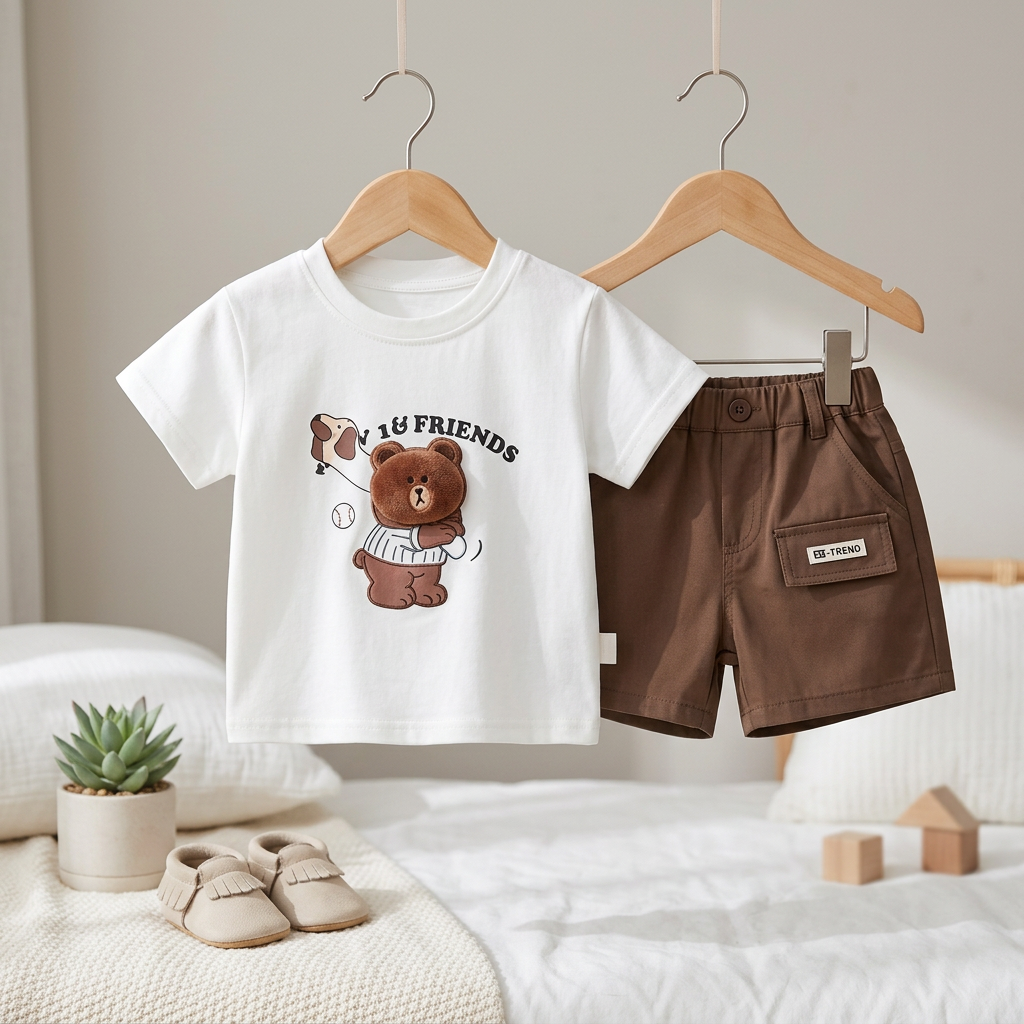 Boys Bear Print T-Shirt & Shorts Set – 2 Piece Summer Outfit