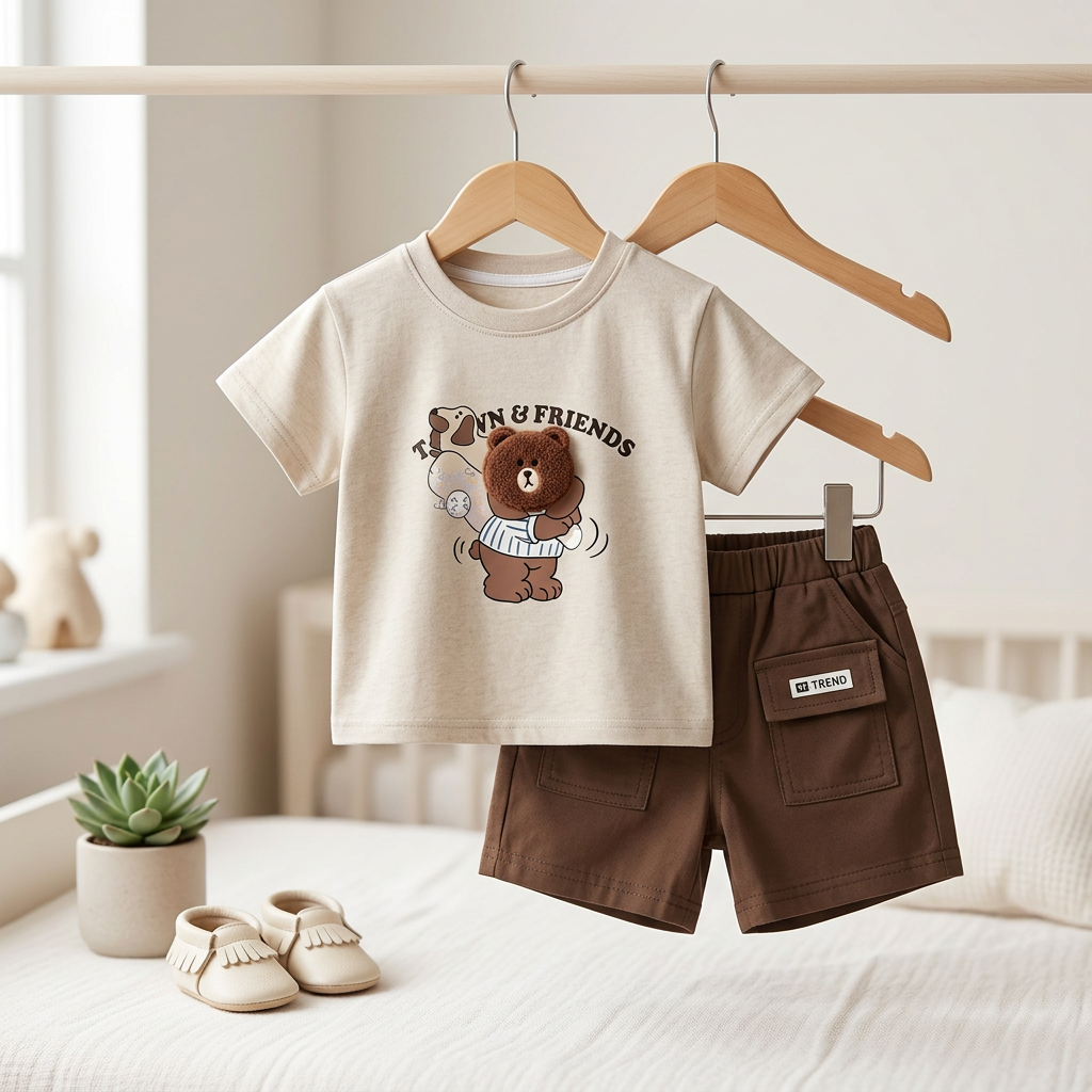 Boys Bear Print T-Shirt & Shorts Set – 2 Piece Summer Outfit