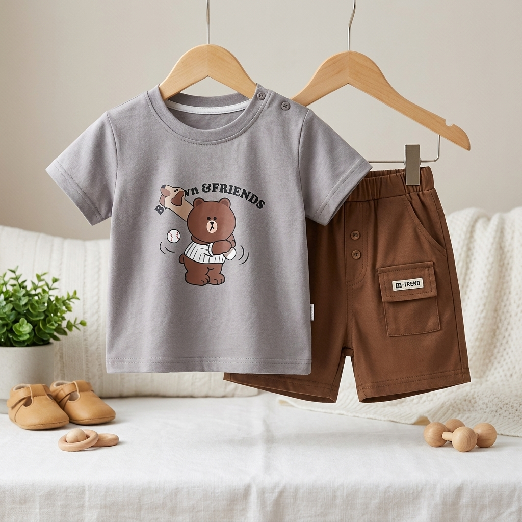 Boys Bear Print T-Shirt & Shorts Set – 2 Piece Summer Outfit