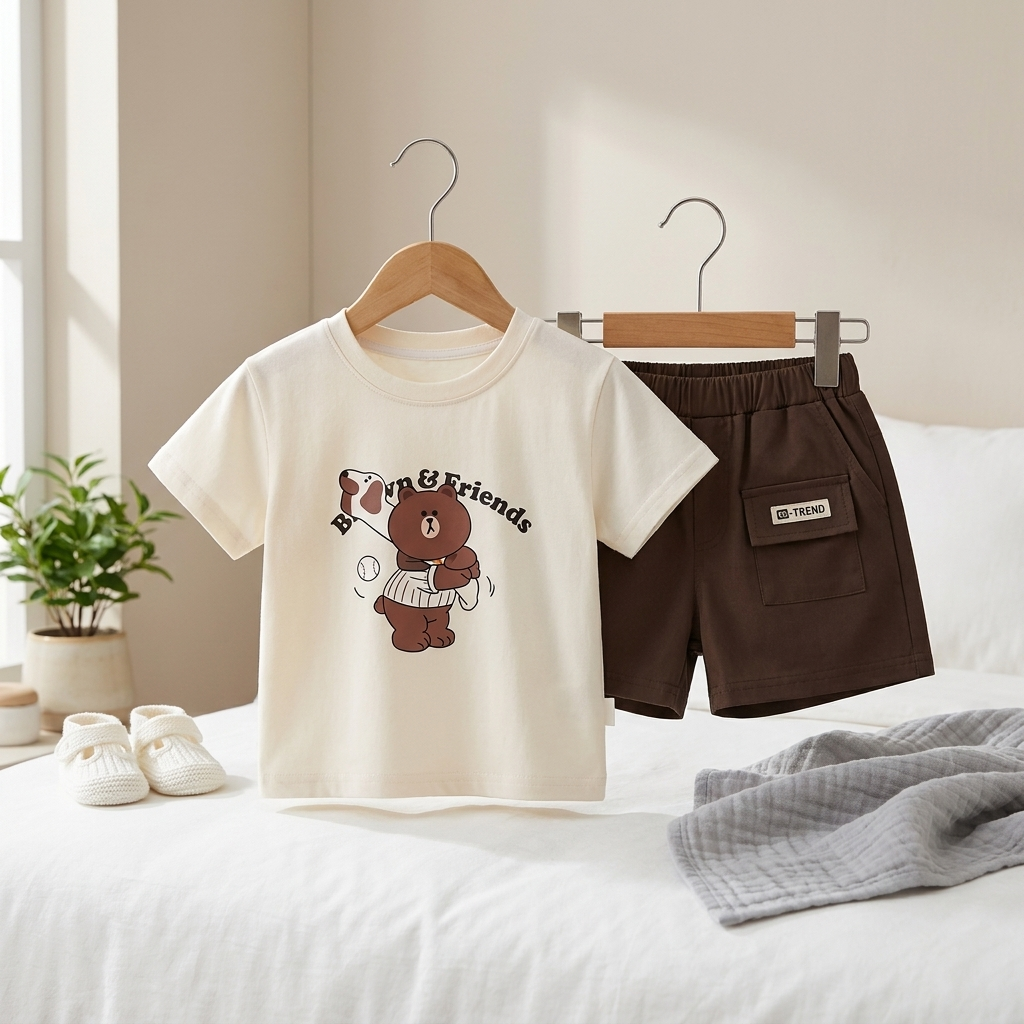 Boys Bear Print T-Shirt & Shorts Set – 2 Piece Summer Outfit