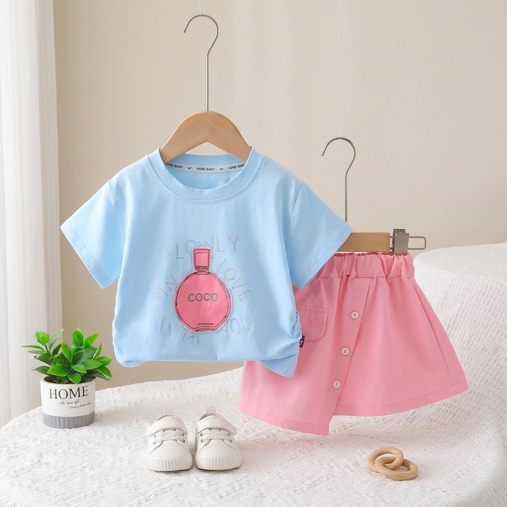 Girls Perfume Print T-Shirt & Skort Set