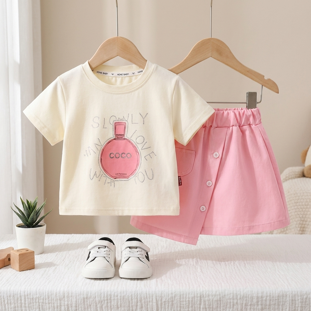 Girls Perfume Print T-Shirt & Skort Set