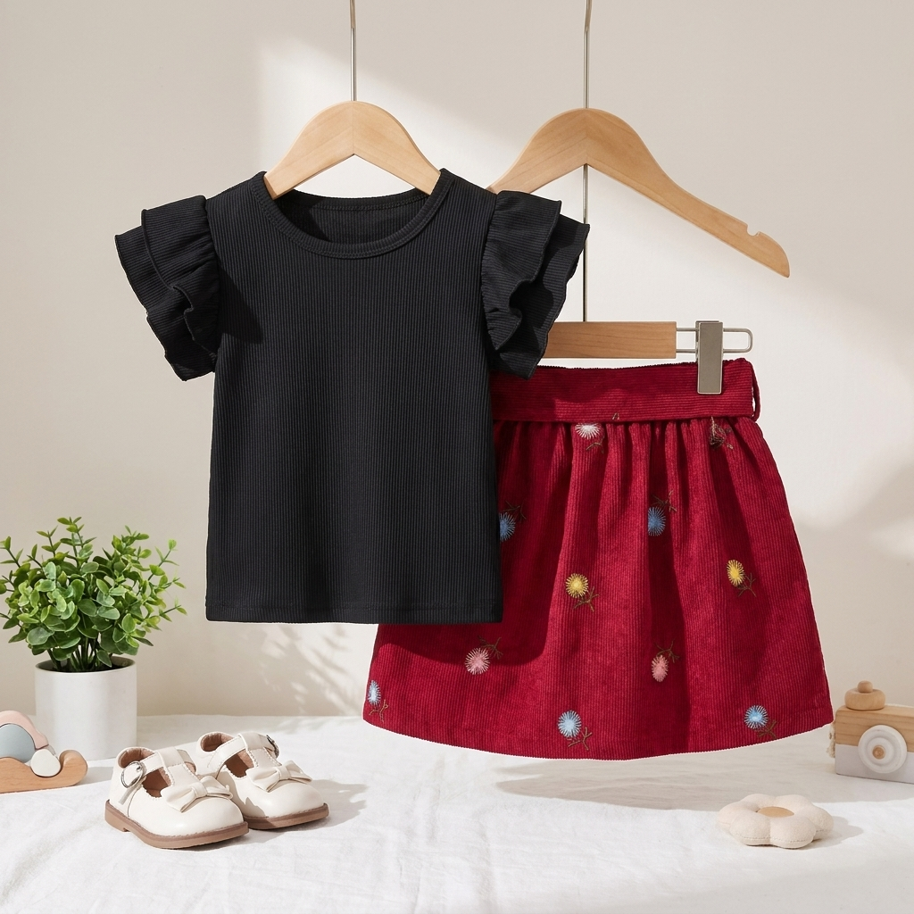 Girls Flutter Sleeve Top & Embroidered Skirt Set