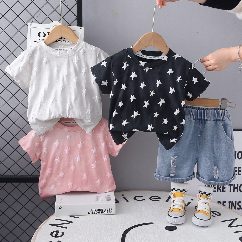 Kids Star Print T-Shirt & Denim Shorts Set – 2 Piece Outfit