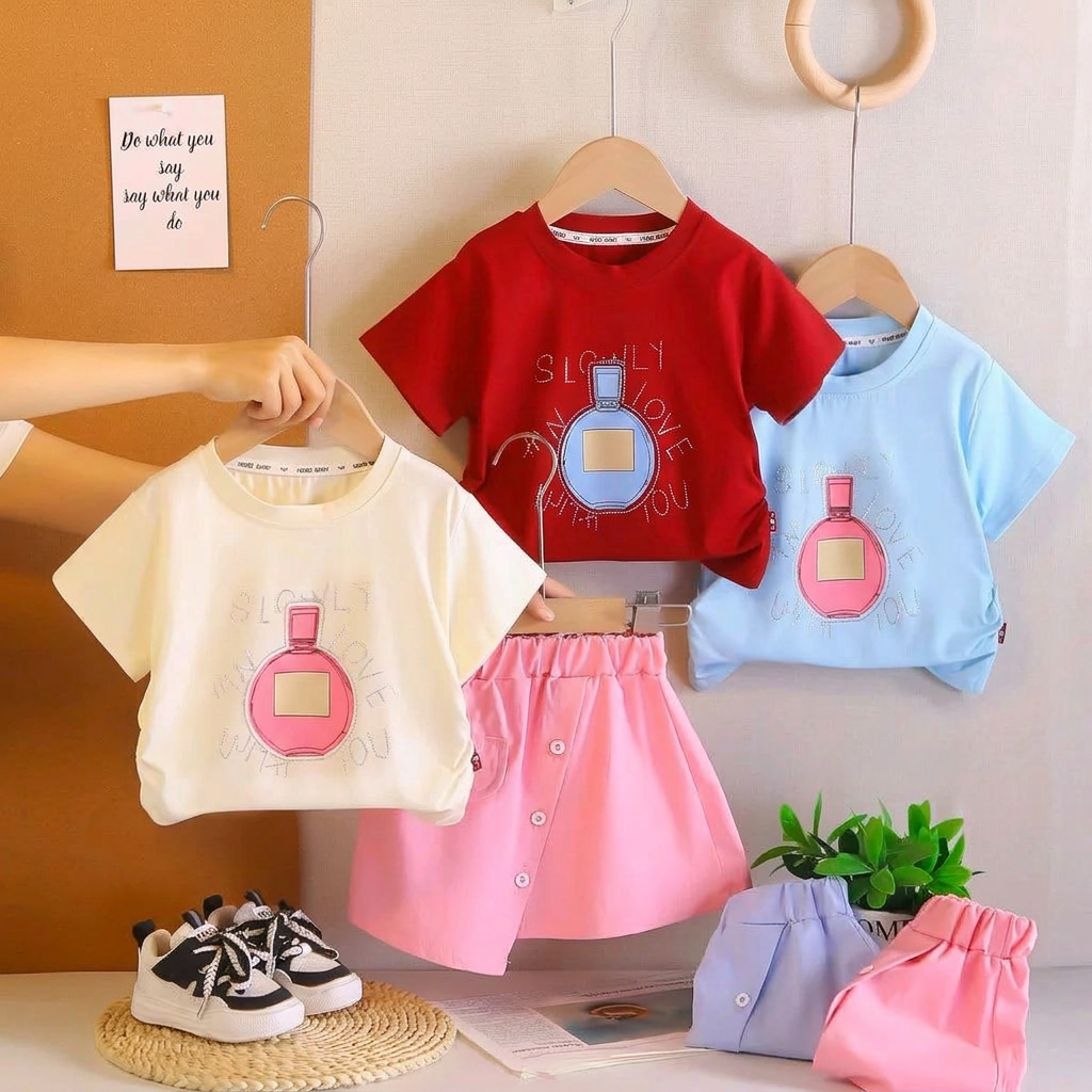 Girls Perfume Print T-Shirt & Skort Set