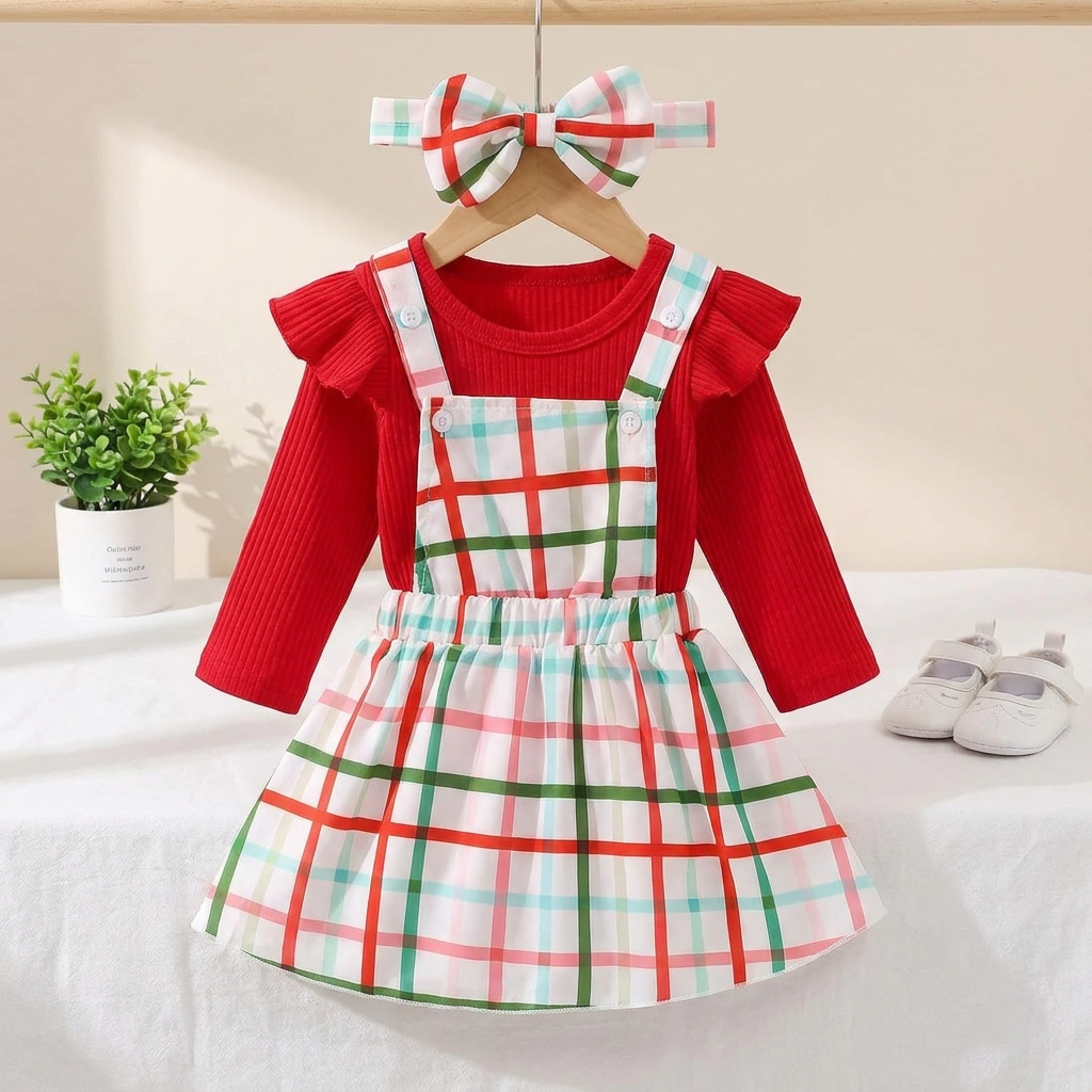 Girls Plaid Pinafore Dress & Ribbed Top with Headband Set