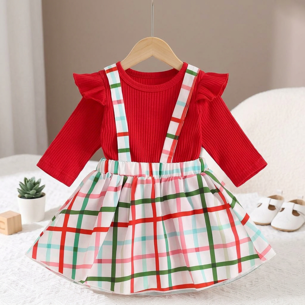 Girls Plaid Pinafore Dress & Ribbed Top with Headband Set