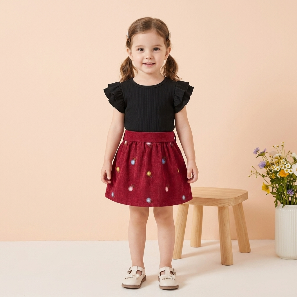 Girls Flutter Sleeve Top & Embroidered Skirt Set
