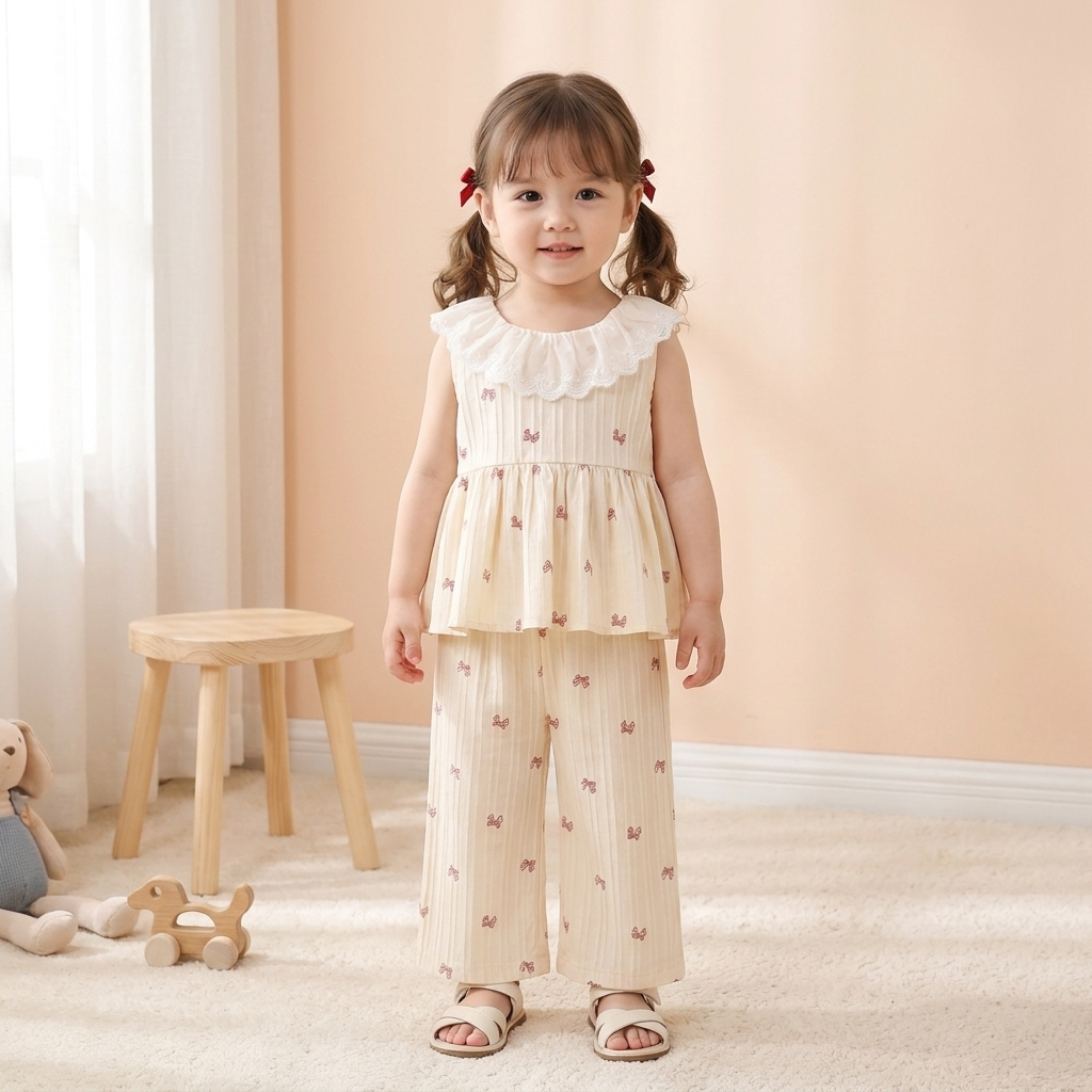 Girls Embroidered Bow Top & Pants Set