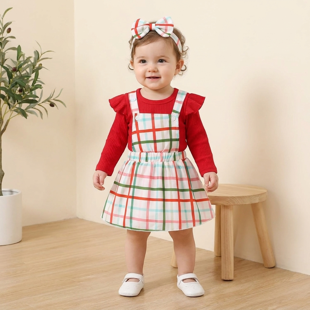 Girls Plaid Pinafore Dress & Ribbed Top with Headband Set