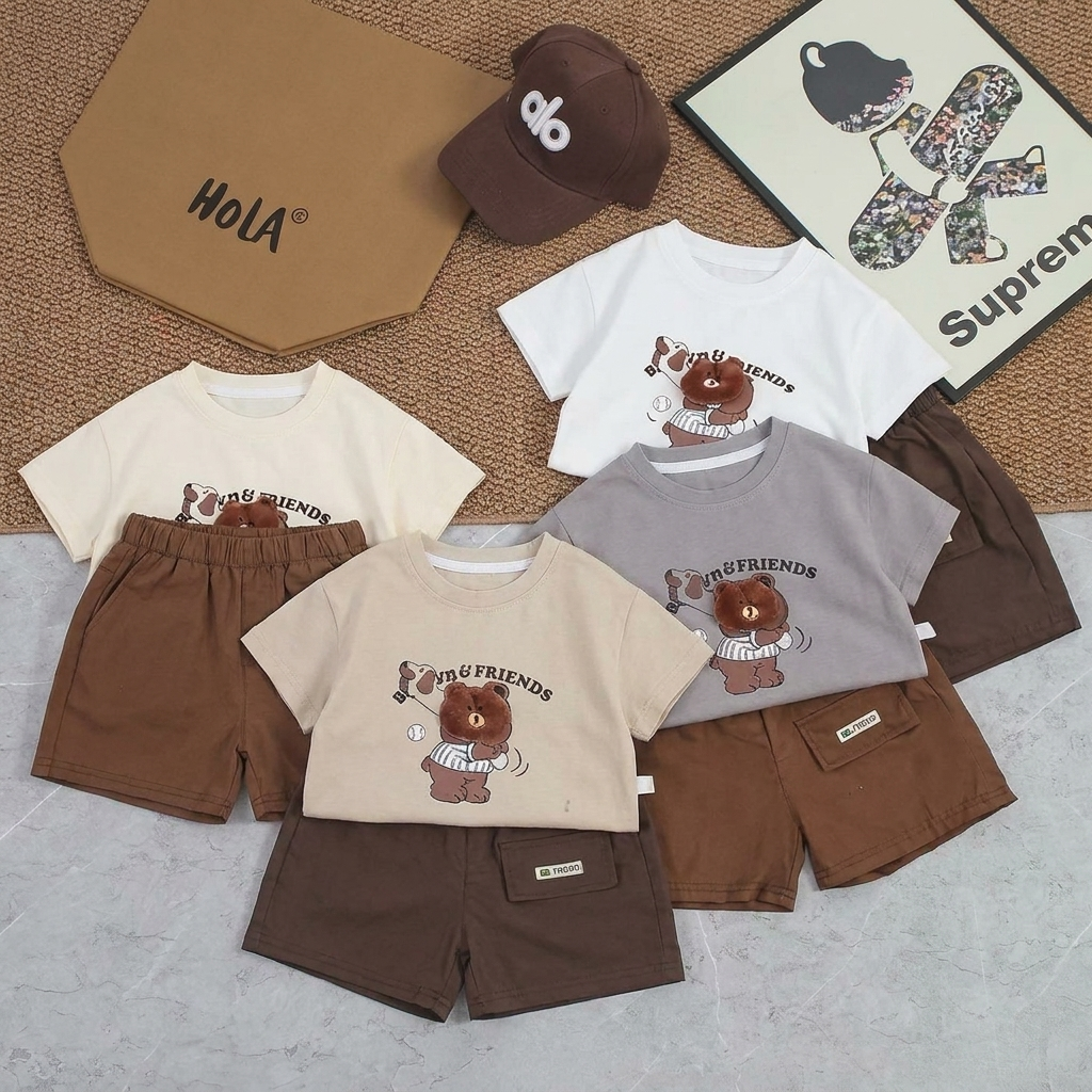 Boys Bear Print T-Shirt & Shorts Set – 2 Piece Summer Outfit
