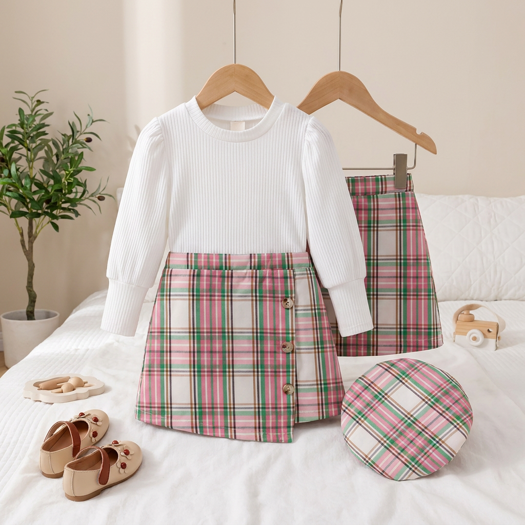Girls Plaid Skort & Ribbed Top Set