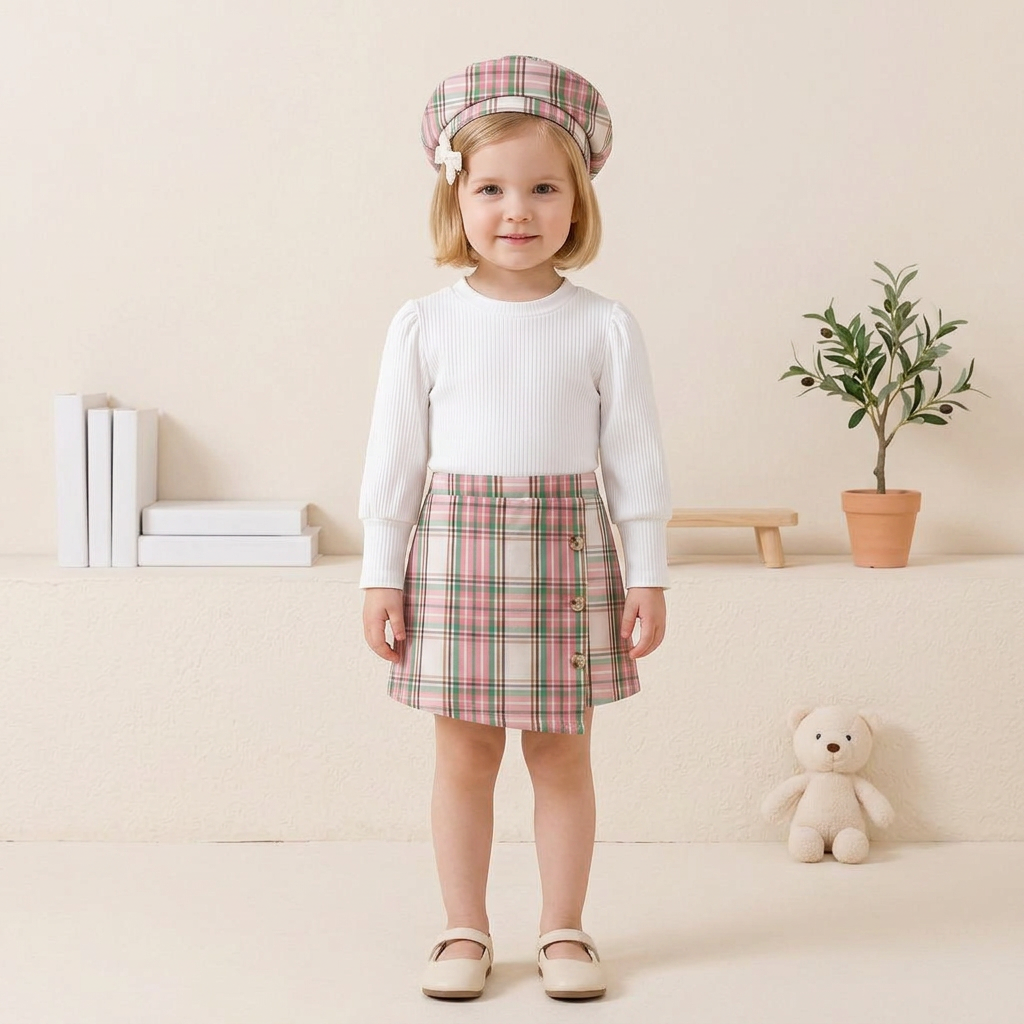 Girls Plaid Skort & Ribbed Top Set