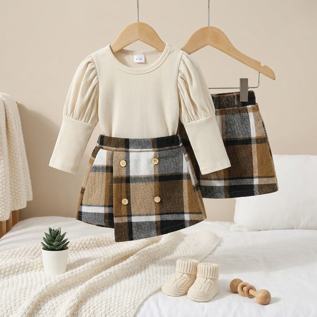 Girls Plaid Skirt & Ribbed Top Set