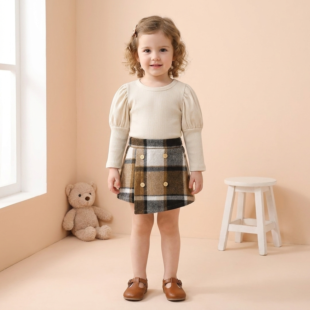 Girls Plaid Skirt & Ribbed Top Set