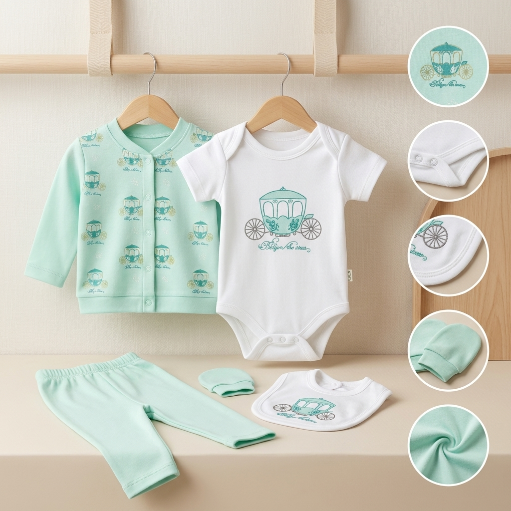 3 Piece Baby Gift Set with Bib – Carriage Print Cotton Newborn Outfit