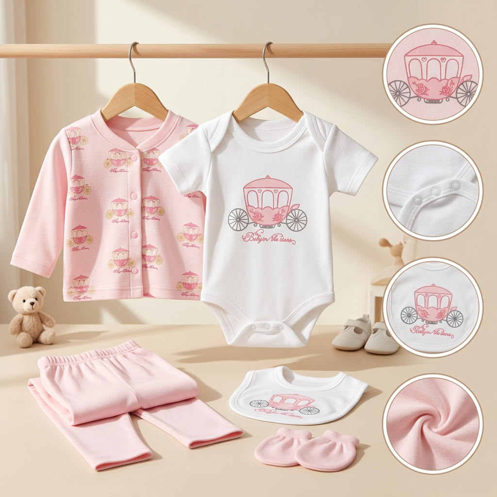 3 Piece Baby Gift Set with Bib – Carriage Print Cotton Newborn Outfit