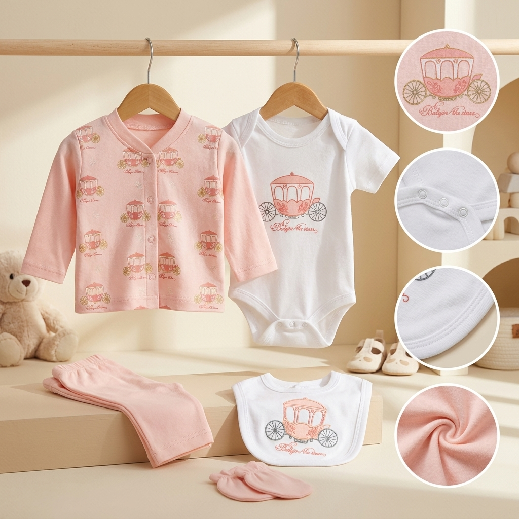 3 Piece Baby Gift Set with Bib – Carriage Print Cotton Newborn Outfit