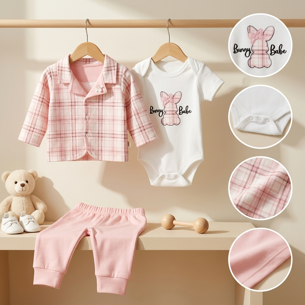 3 Piece Baby Girl Bunny Babe Cotton Outfit Set