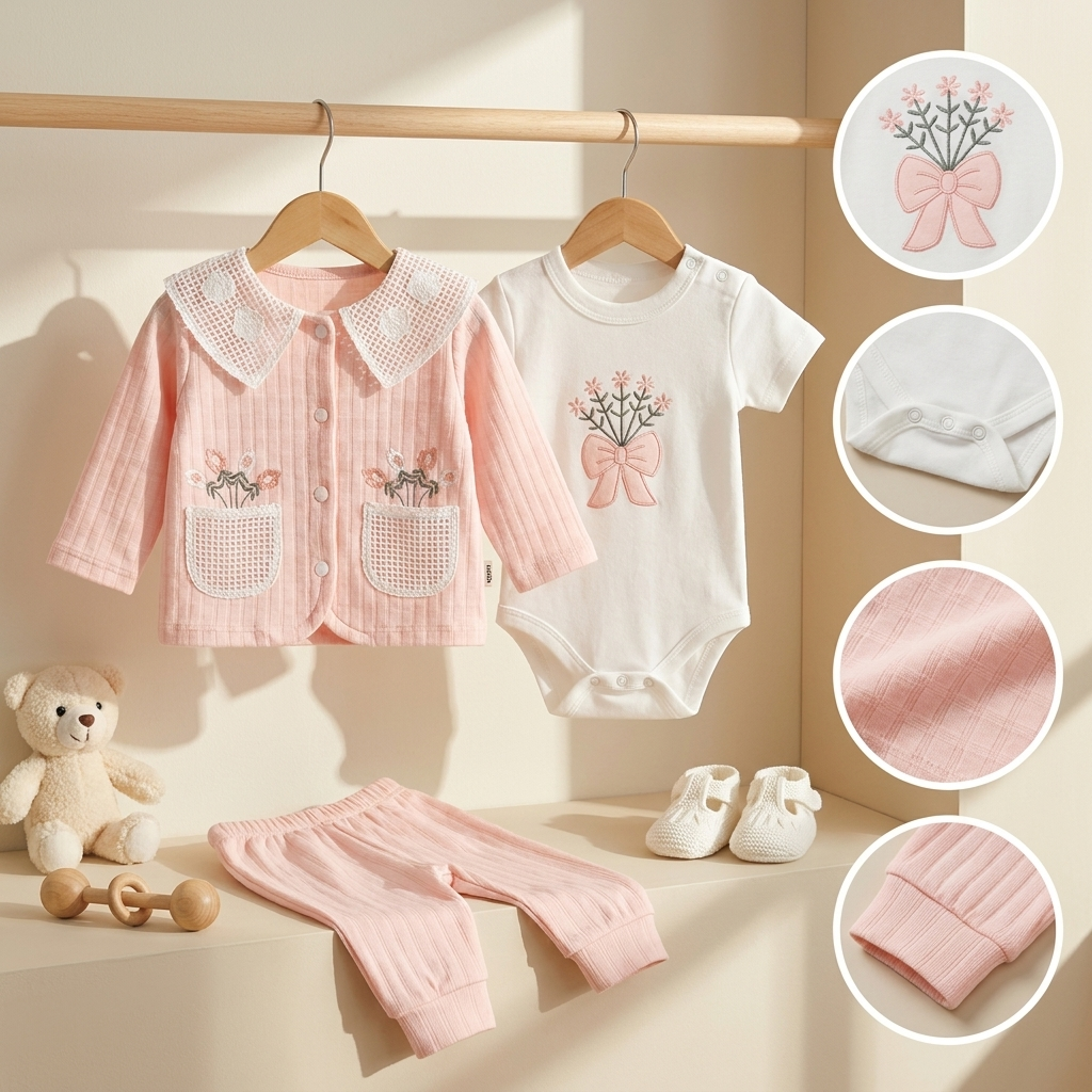 3 Piece Baby Girl Floral Embroidered Cotton Outfit Set
