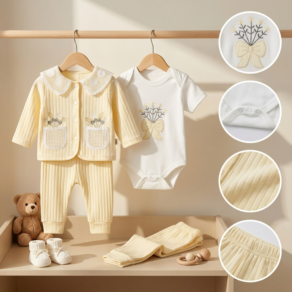 3 Piece Baby Girl Floral Embroidered Cotton Outfit Set