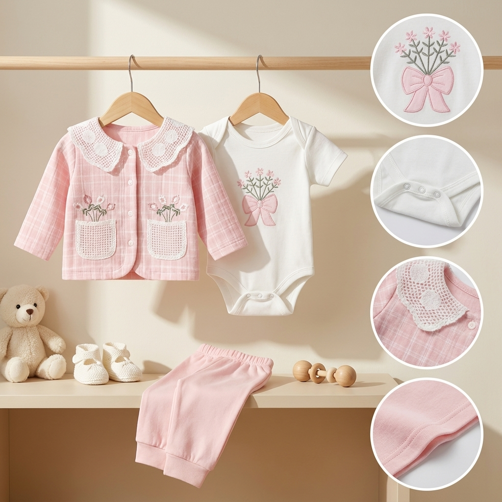 3 Piece Baby Girl Floral Embroidered Cotton Outfit Set